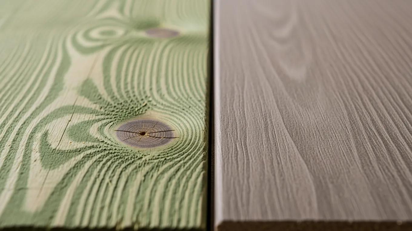 Close-up comparison of pressure-treated wood and composite decking materials
