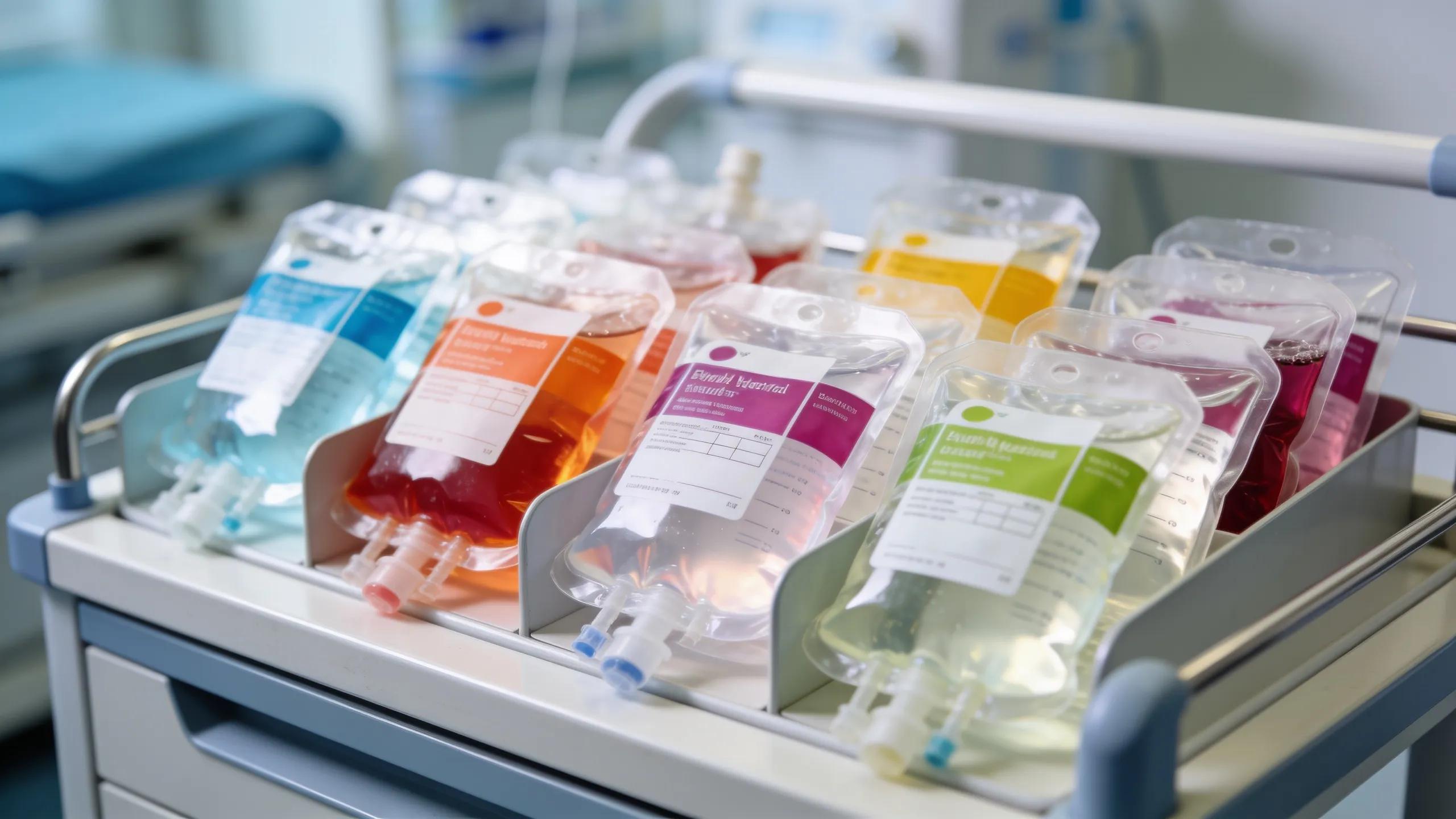 Variety of IV hydration treatment bags available for weight loss support, representing wellness services in Bryan TX