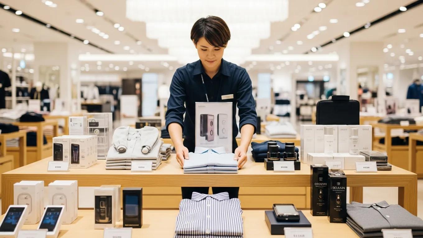 Retail staff maintaining a display table for optimal presentation