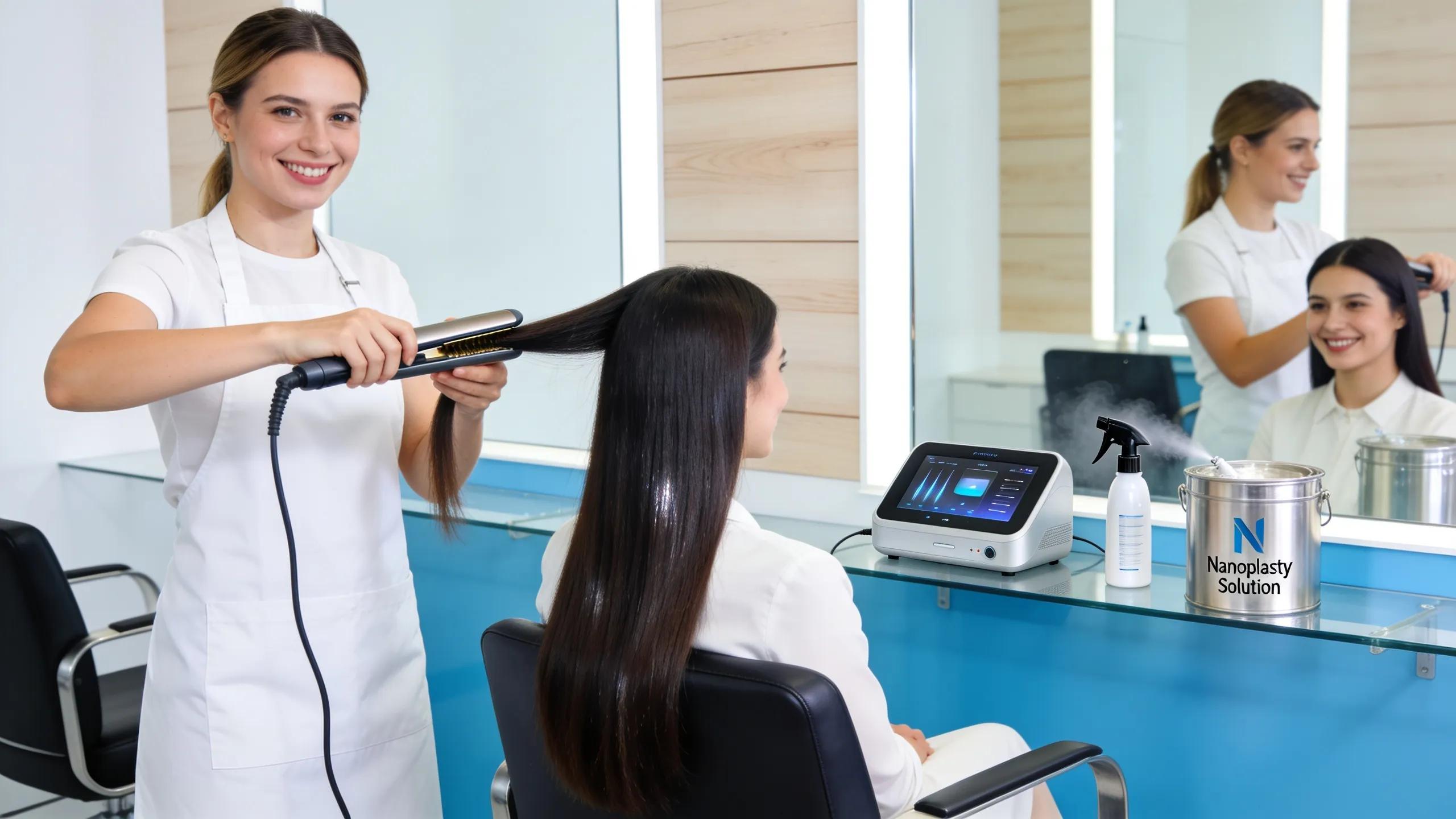 Nanoplasty hair treatment application in a contemporary salon setting