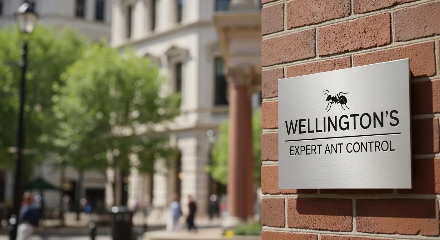 Wellington's Expert Ant Control sign on brick wall with blurred urban background, emphasizing professional pest control services in Wellington, FL.