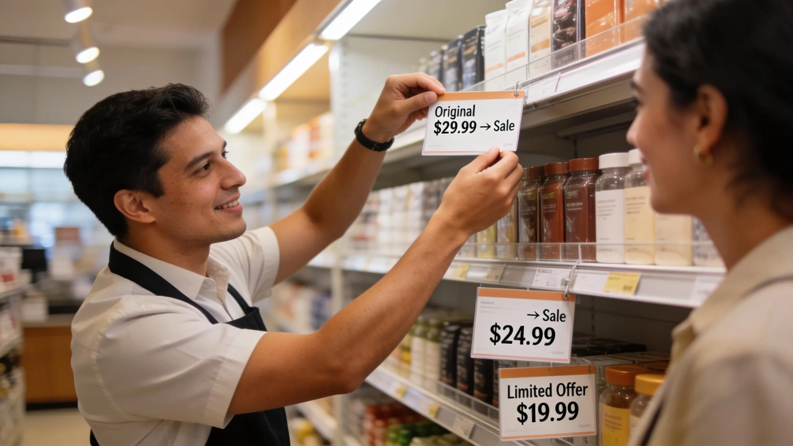 Staff member adjusting product prices, showcasing dynamic pricing strategy in a discount retail environment