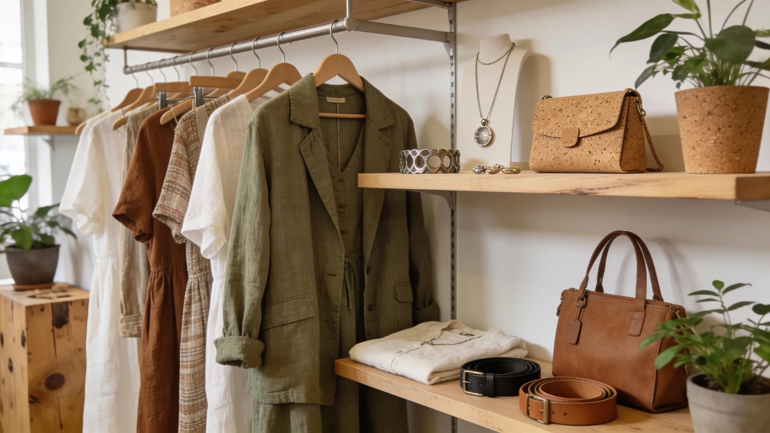Neatly arranged sustainable fashion clothing and accessories in an ethical women's boutique.