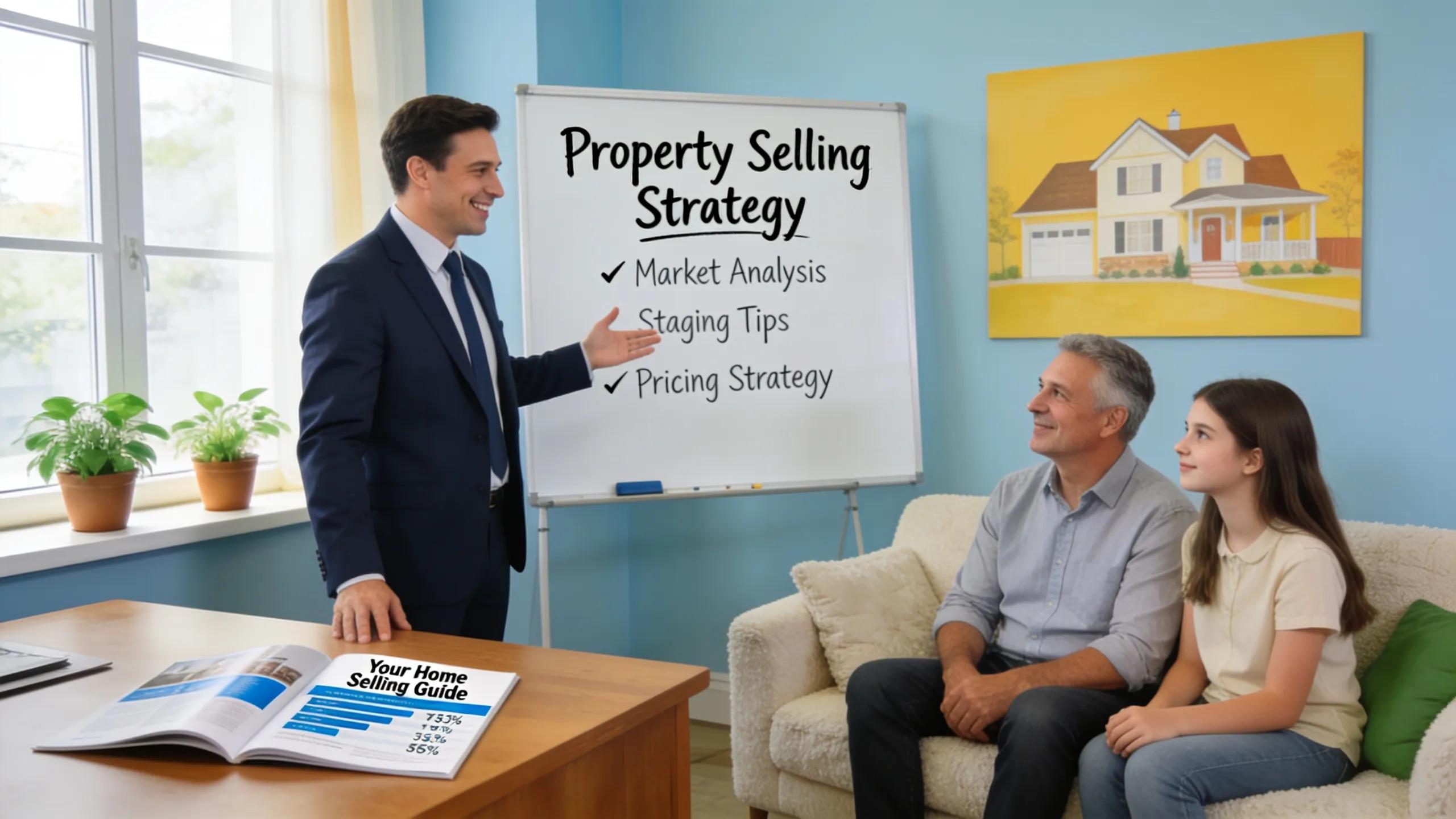A professional real estate agent discussing strategy with clients, emphasizing the importance of expertise in selling a home
