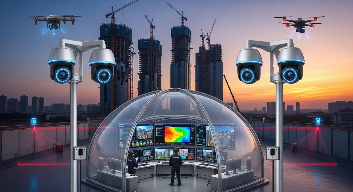 Advanced security technology at a construction site featuring AI-driven cameras and monitoring systems