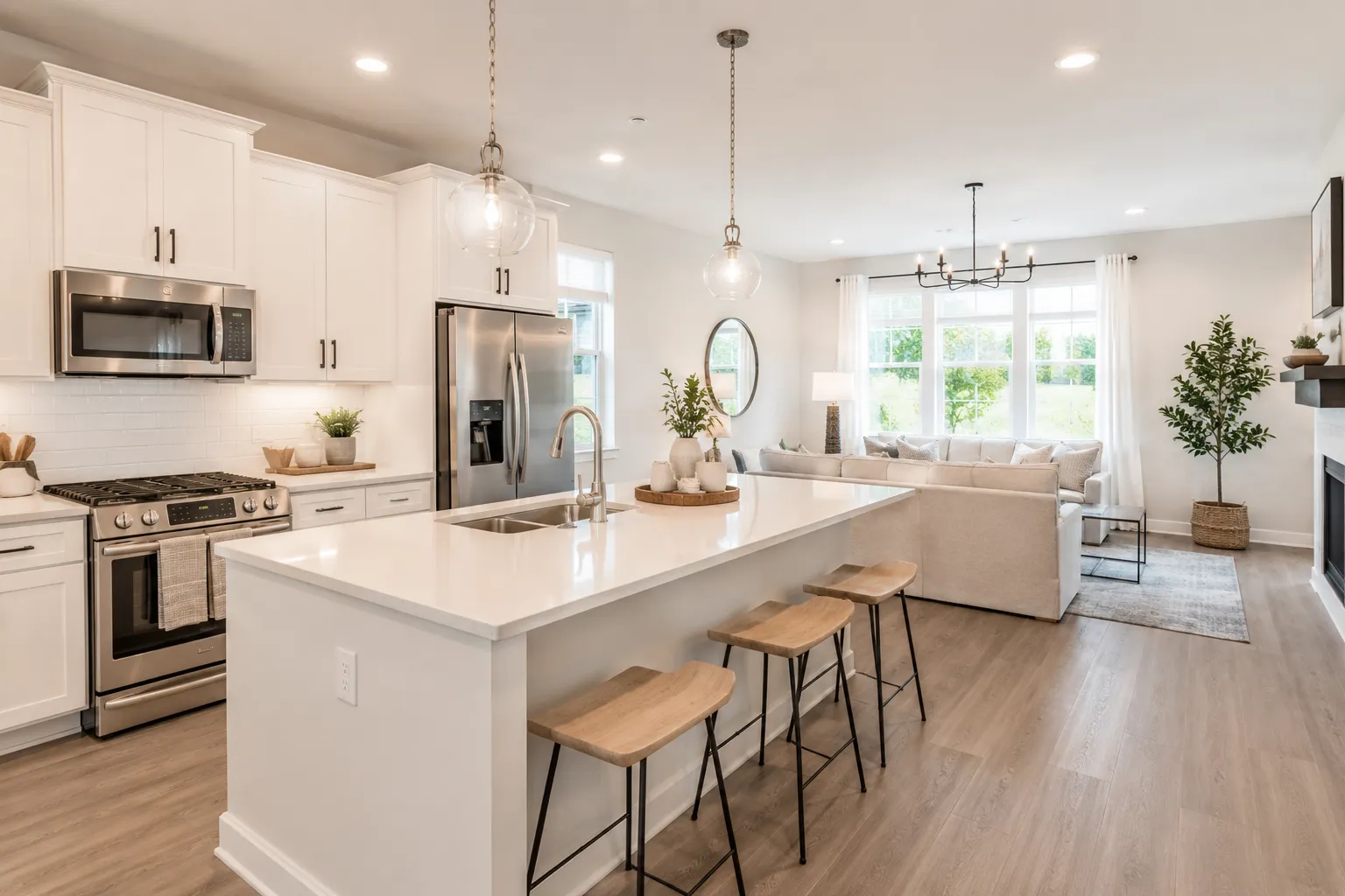 An interior shot of a newly finished open-concept kitchen and living area in a Stafford VA new build, showing quartz countertops, stainless appliances, and natural light through large windows An interior shot of a newly finished open-concept kitchen and living area in a Stafford VA new build, showing quartz countertops, stainless appliances, and natural light through large windows