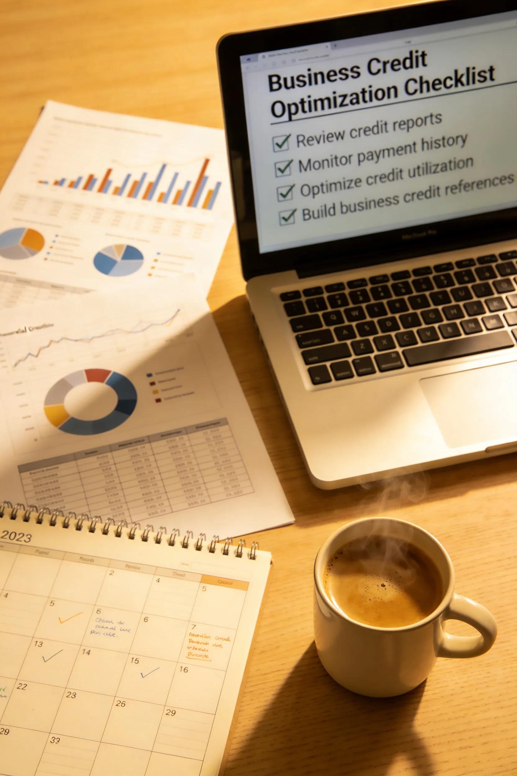 Organized workspace with a checklist for optimizing business credit