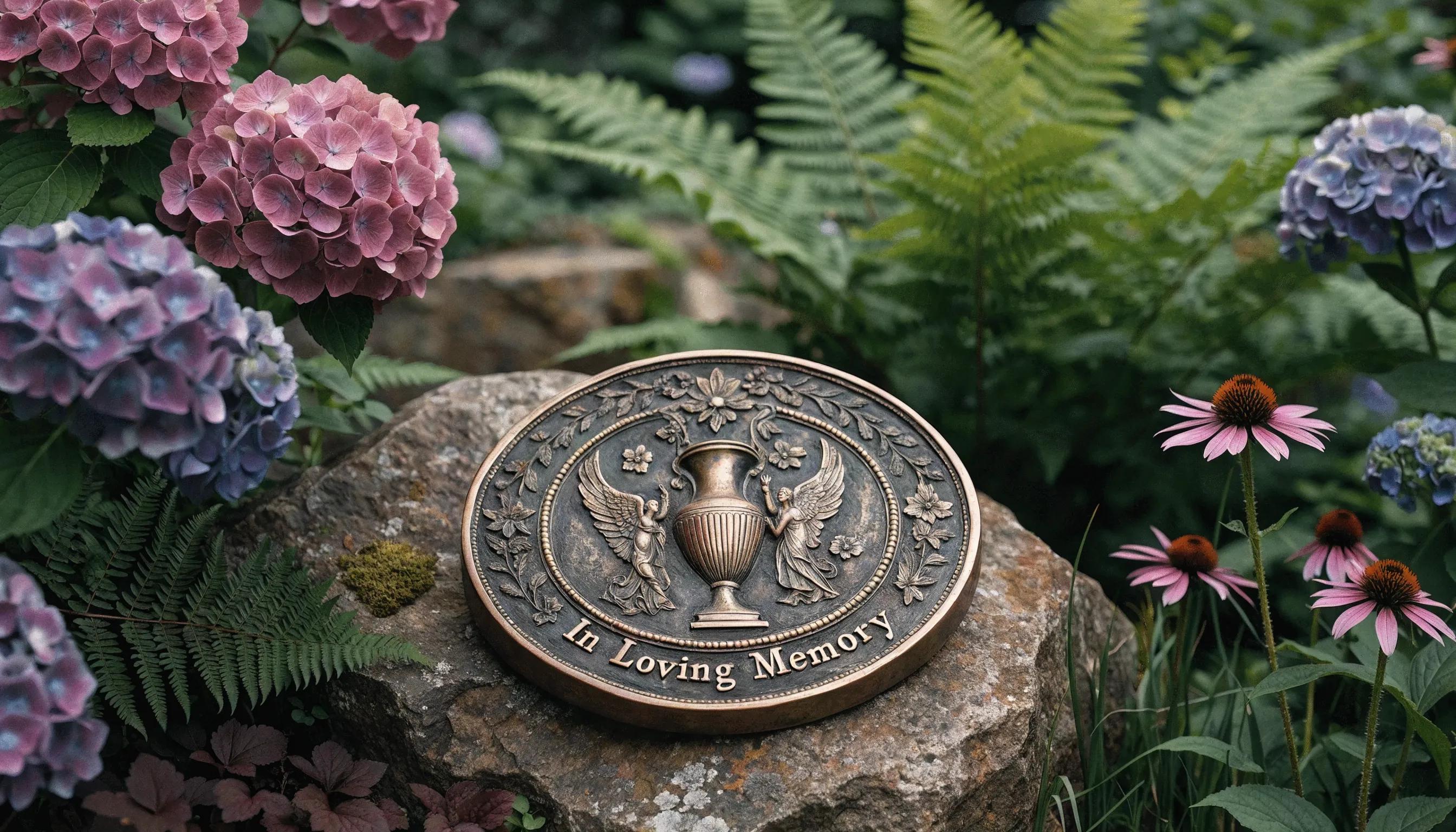 Companion bronze flat plaque in a tranquil garden, symbolizing love and remembrance
