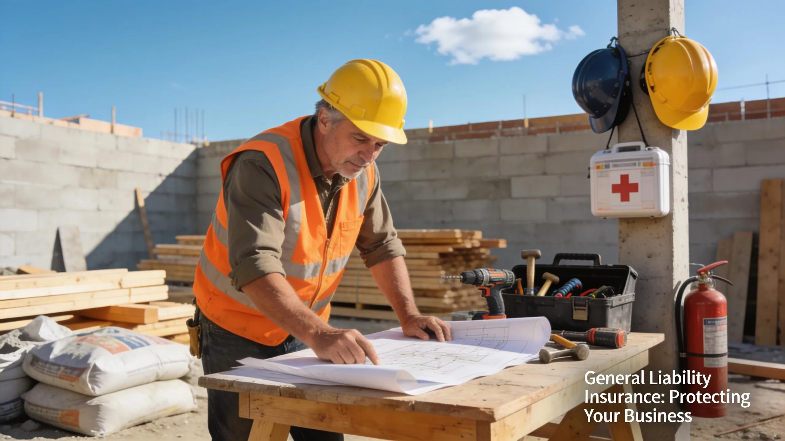 Contractor reviewing plans at a construction site, highlighting the importance of general liability insurance for operational safety