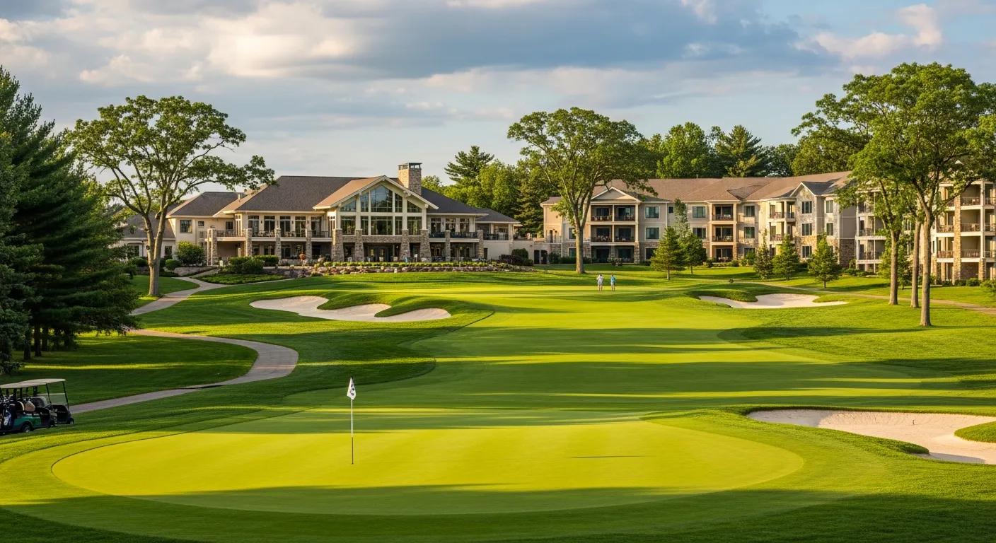 Resort-style golf course in Michigan with clubhouse and accommodations in the background Resort-style golf course in Michigan with clubhouse and accommodations in the background