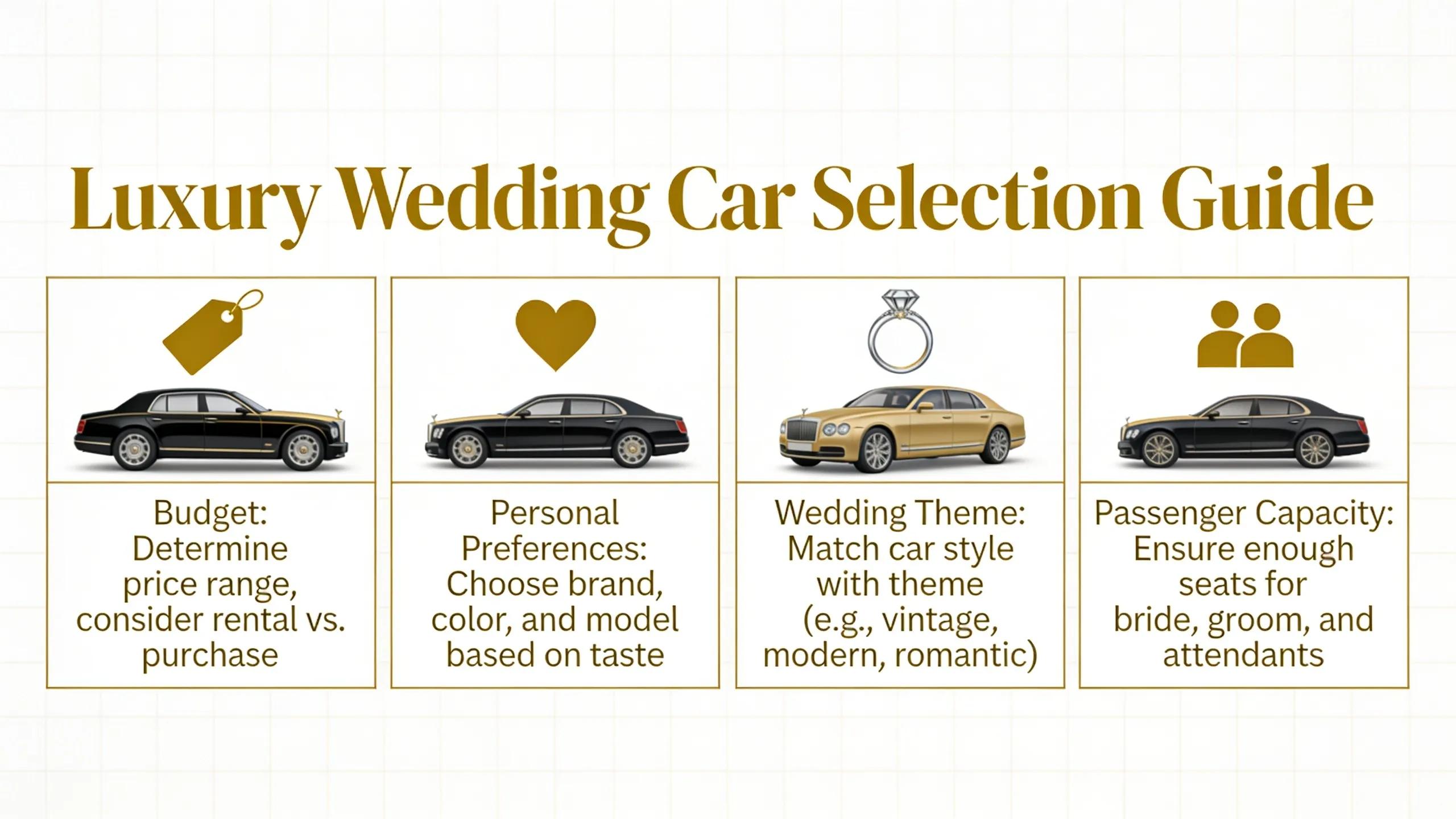 When selecting a luxury wedding car, consider budget, personal preferences, wedding theme, and passenger capacity