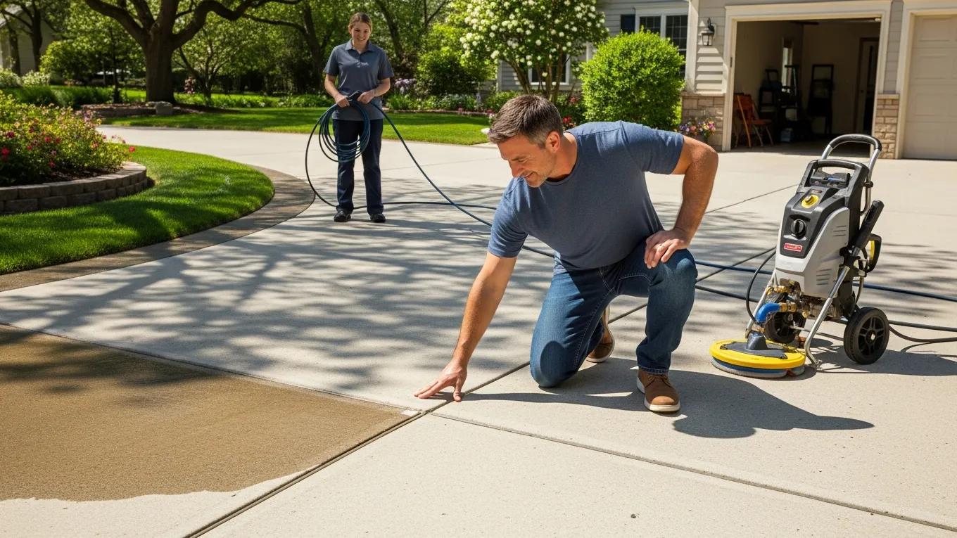 Satisfied customer evaluating the quality of driveway pressure washing service
