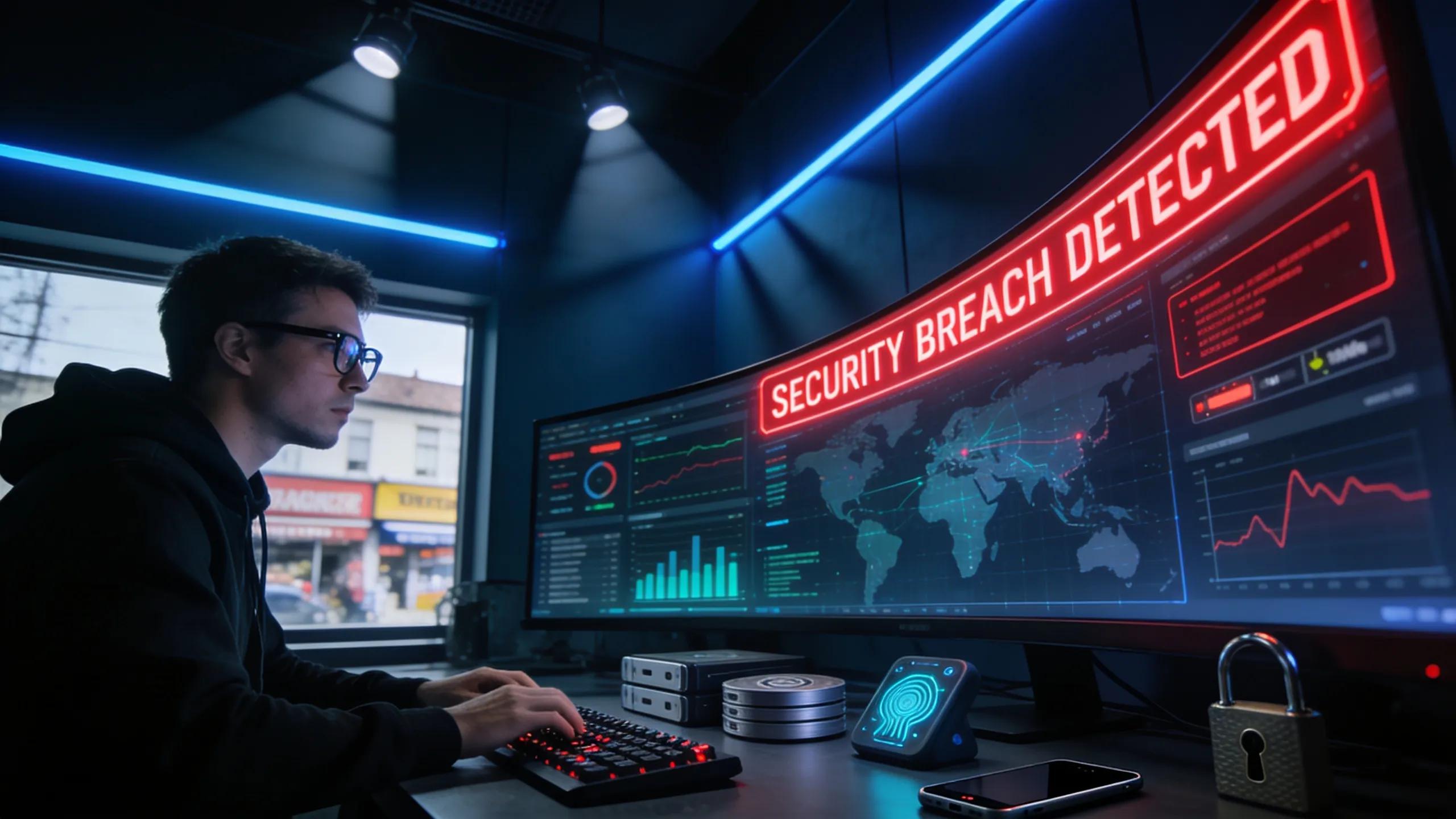 Cybersecurity expert analyzing threats on a security monitor emphasizing protection for local businesses