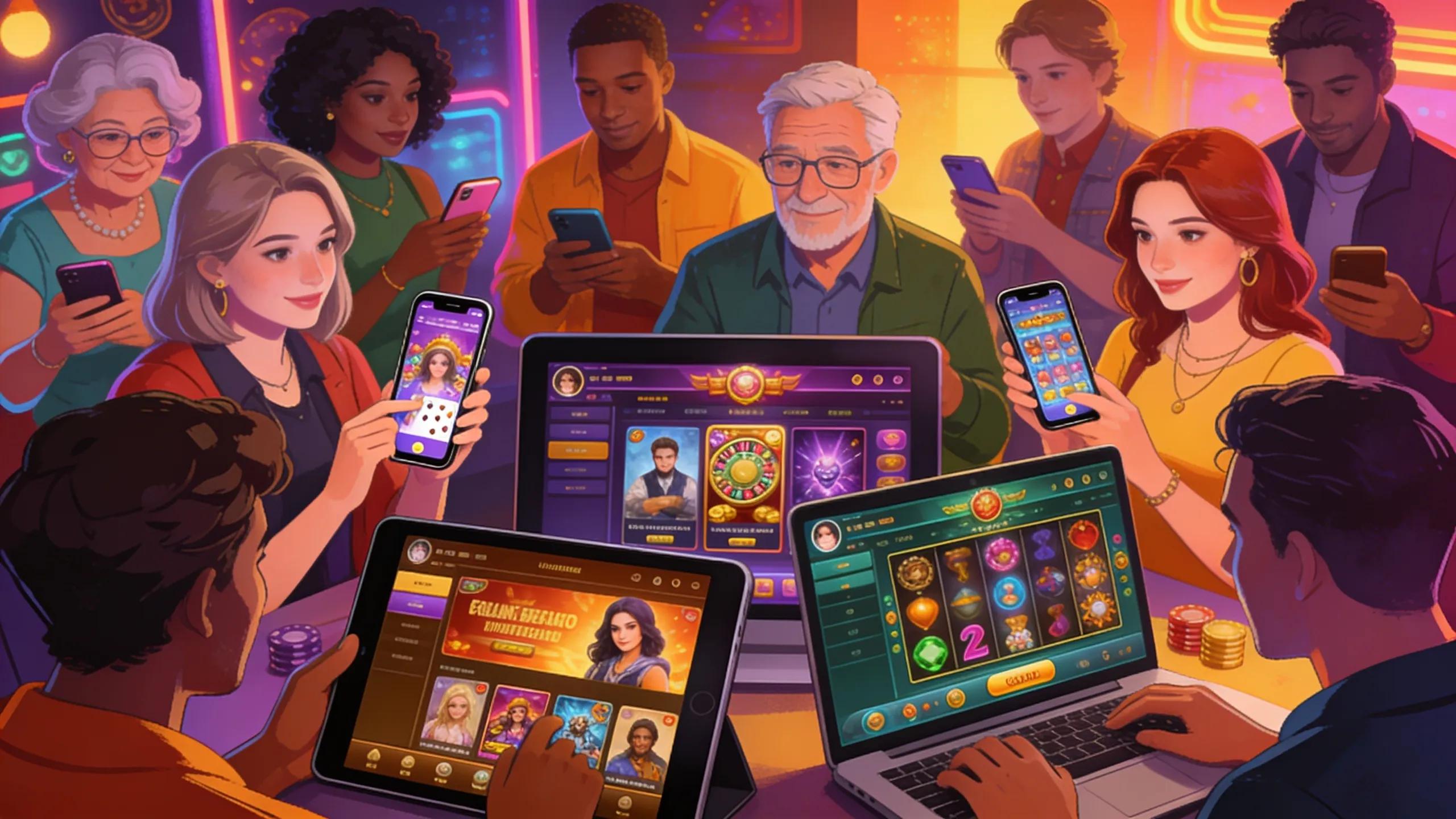 Diverse online gambling players interacting with personalized platforms, emphasizing user engagement.