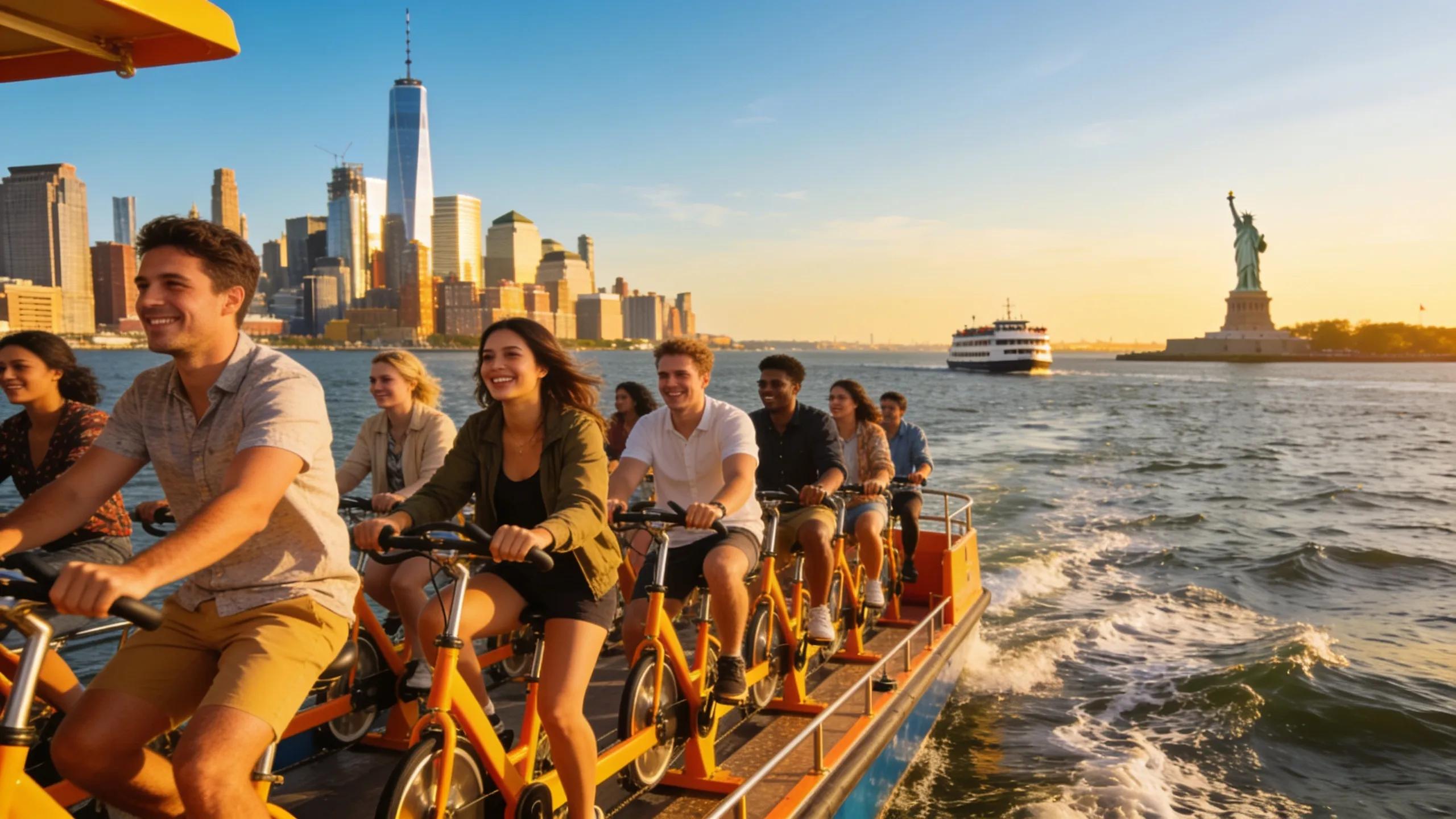 Group enjoying a cycleboat tour in New York Harbor with city skyline