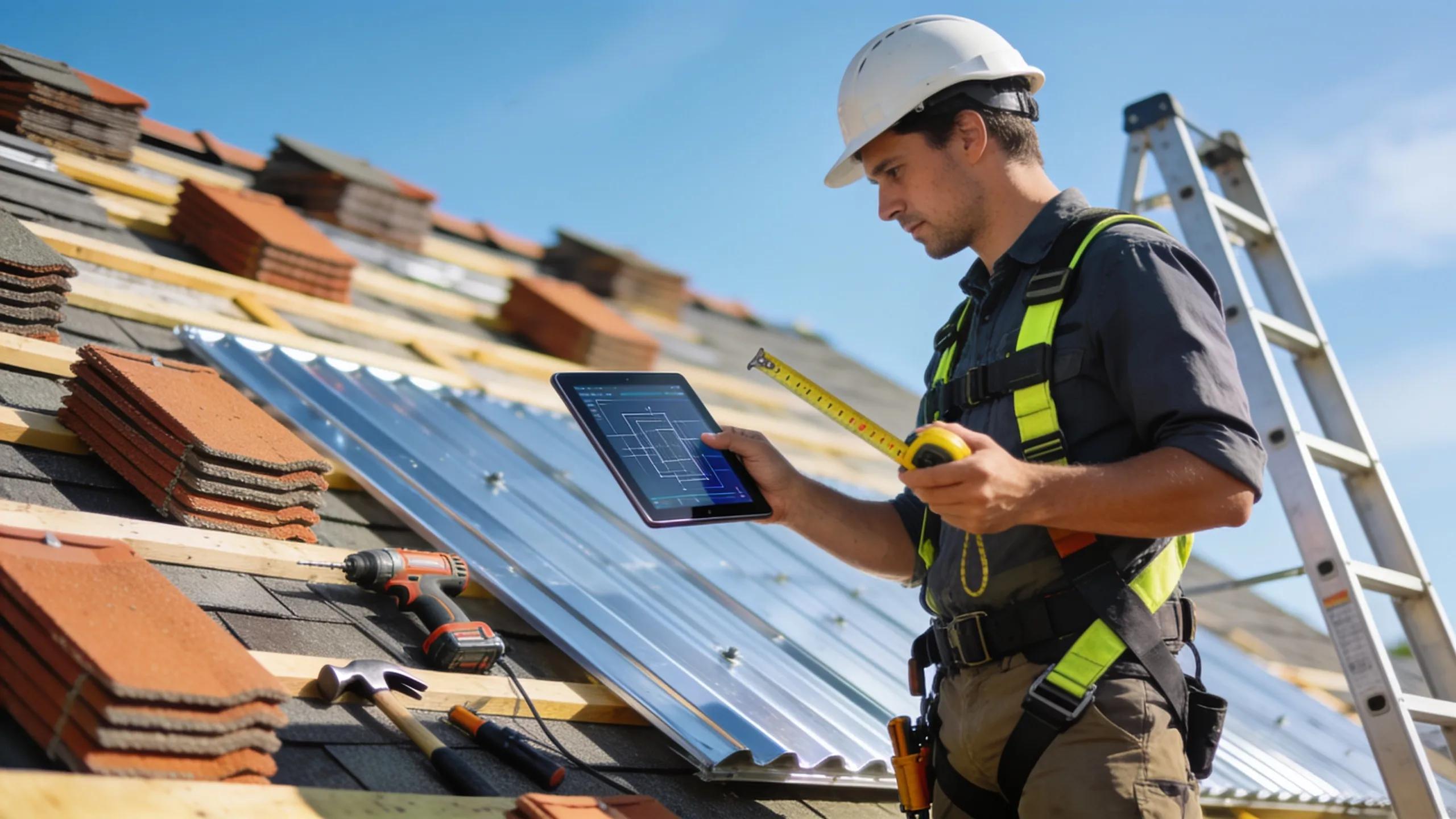 Roofing professional using modern technology on a construction site with roofing materials