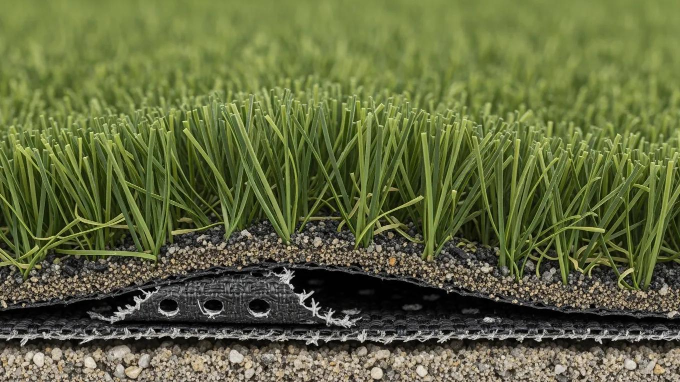 A close-up/macro shot of the turf material itself — fibers, infill, and the drainage backing if you can get a cutaway or installation-in-progress photo