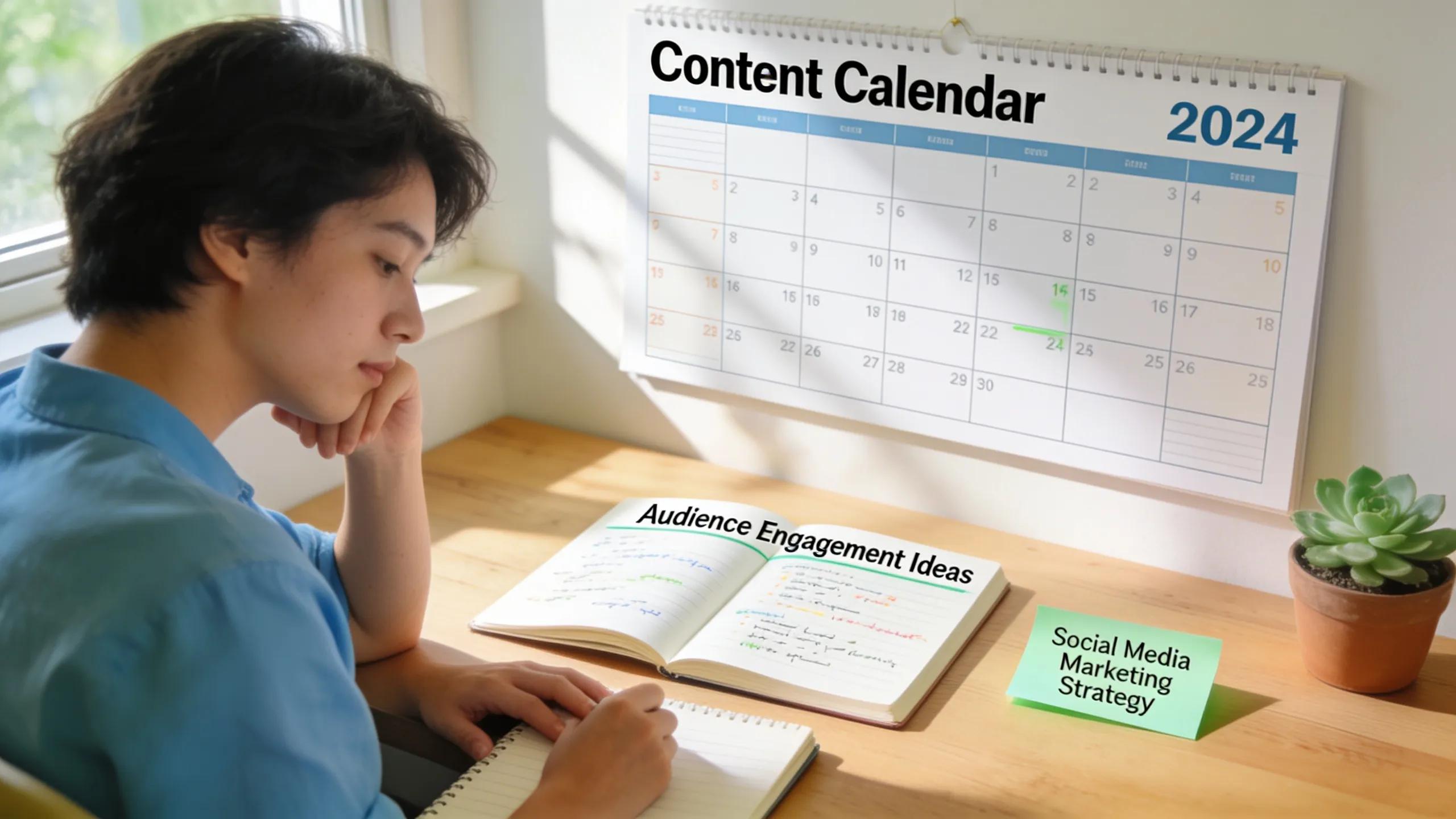 Man reviewing content calendar and social media marketing strategy for audience engagement.