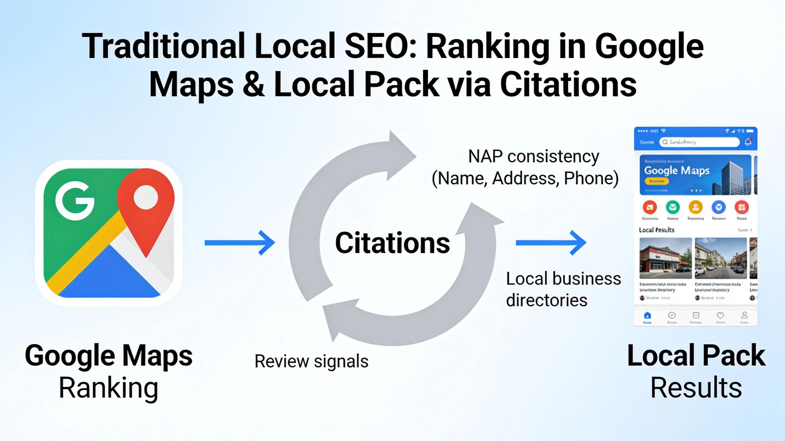 Traditional local SEO focuses on ranking in Google Maps and local pack results through citations