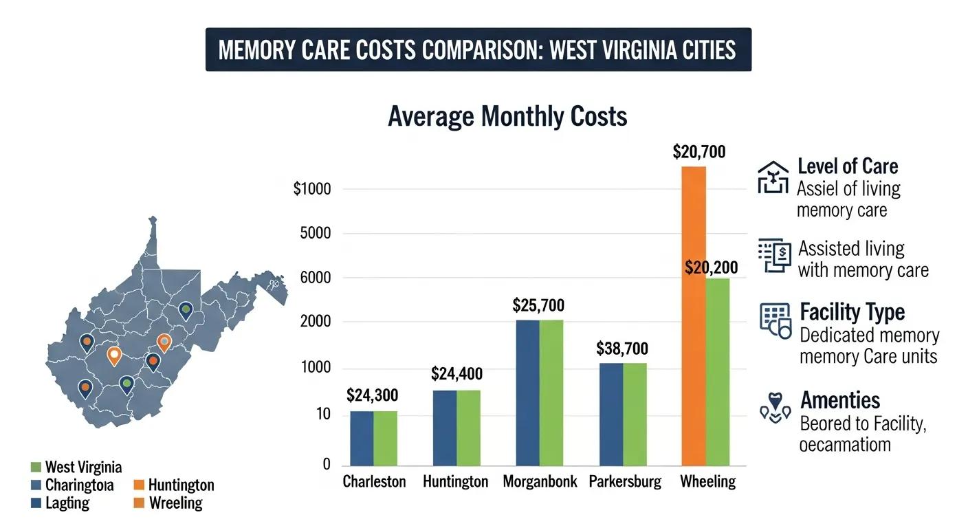 Visual representation of memory care costs comparison across West Virginia cities, highlighting differences
