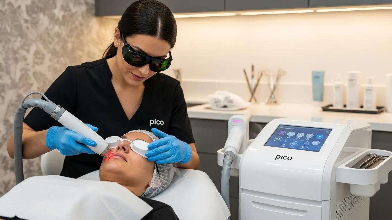 Skincare professional using Pico laser treatment on a client for acne scar removal in a modern clinic
