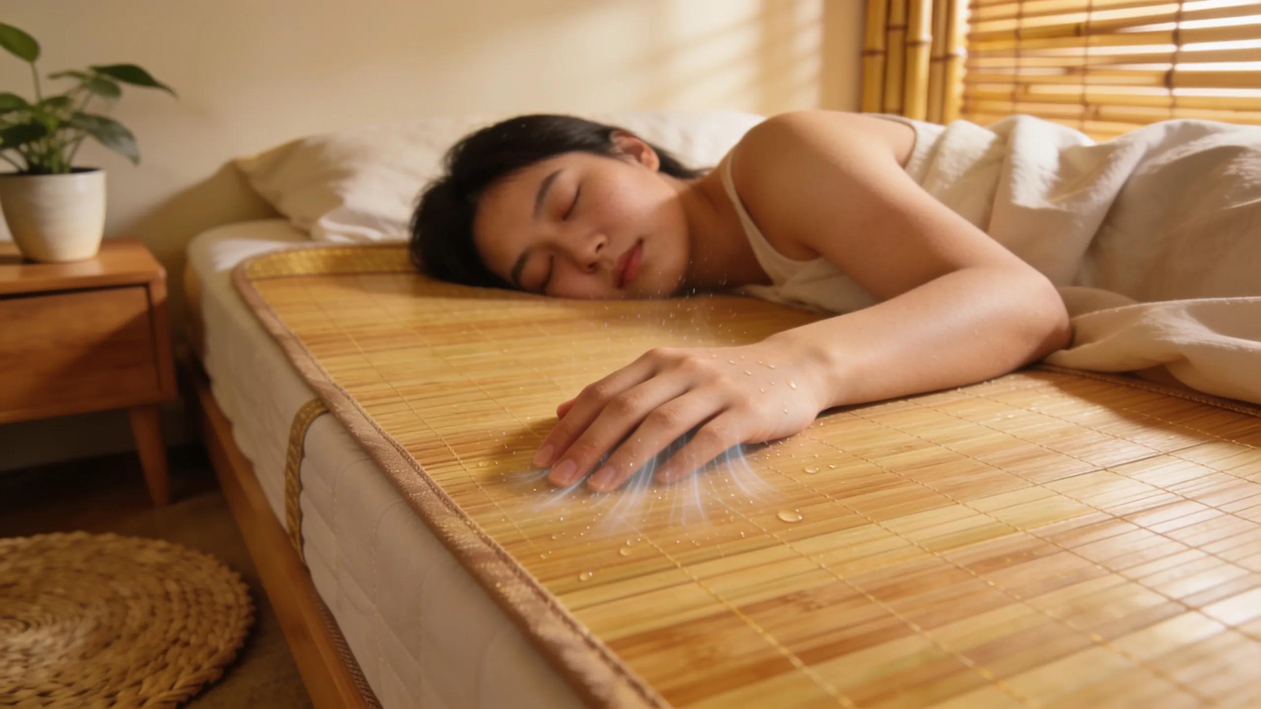 Person peacefully sleeping on a bamboo mattress topper, illustrating comfort and cooling benefits