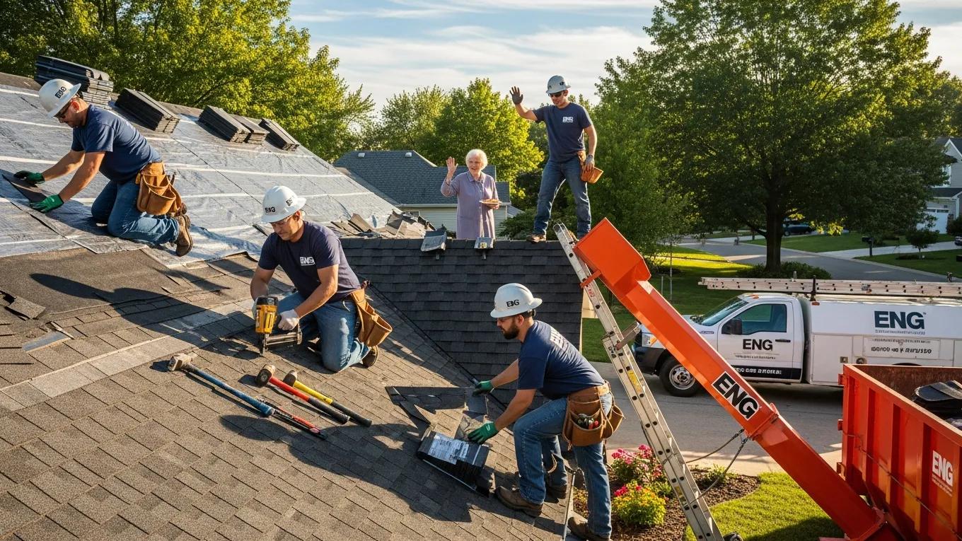Roofing crew from E.N.G. Roofing working on a residential roof in Texas, with tools and materials visible, while a homeowner observes from the yard.