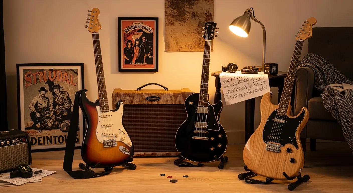 Beginner electric guitars: Squier Strat, Epiphone Les Paul Special II and Yamaha Pacifica in a cosy practice room