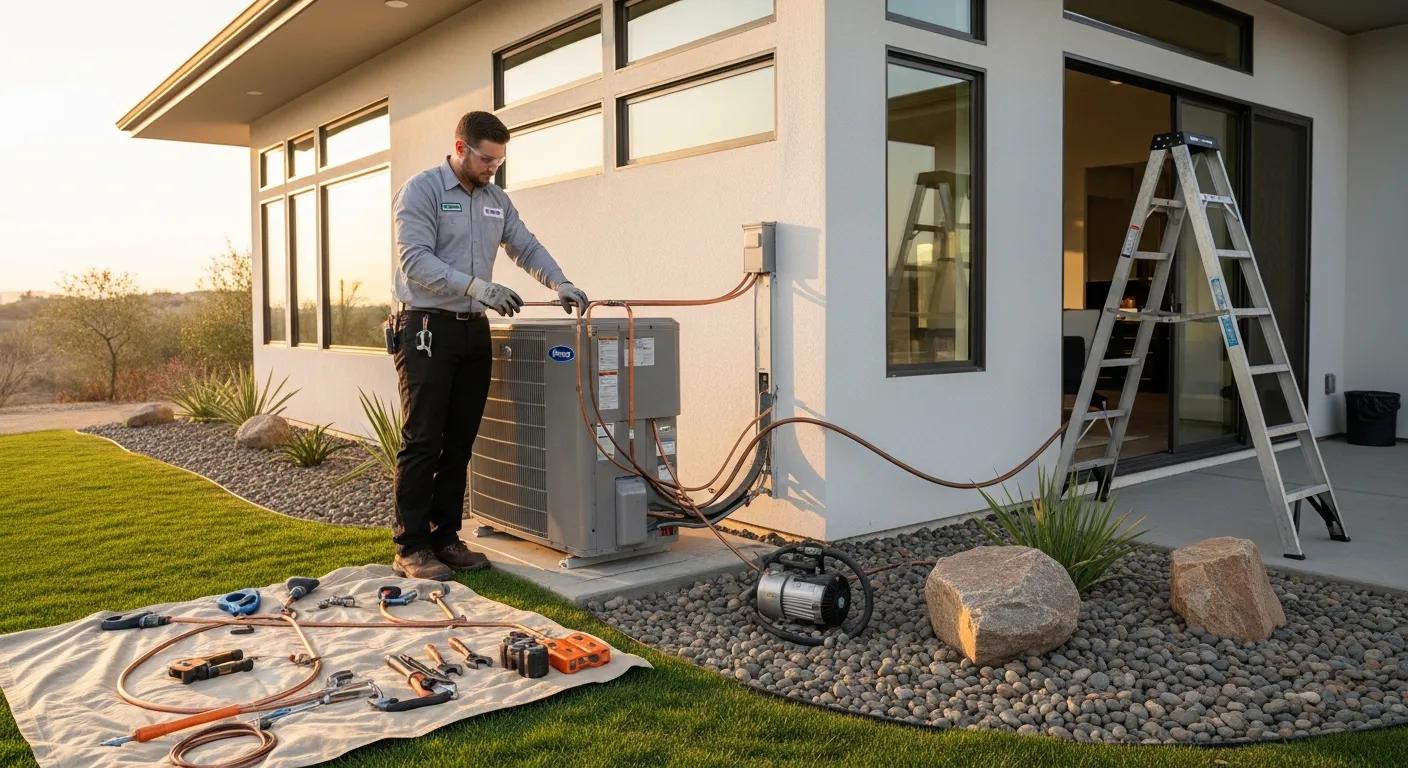 Professional HVAC technician installing an air conditioning unit in a modern home
