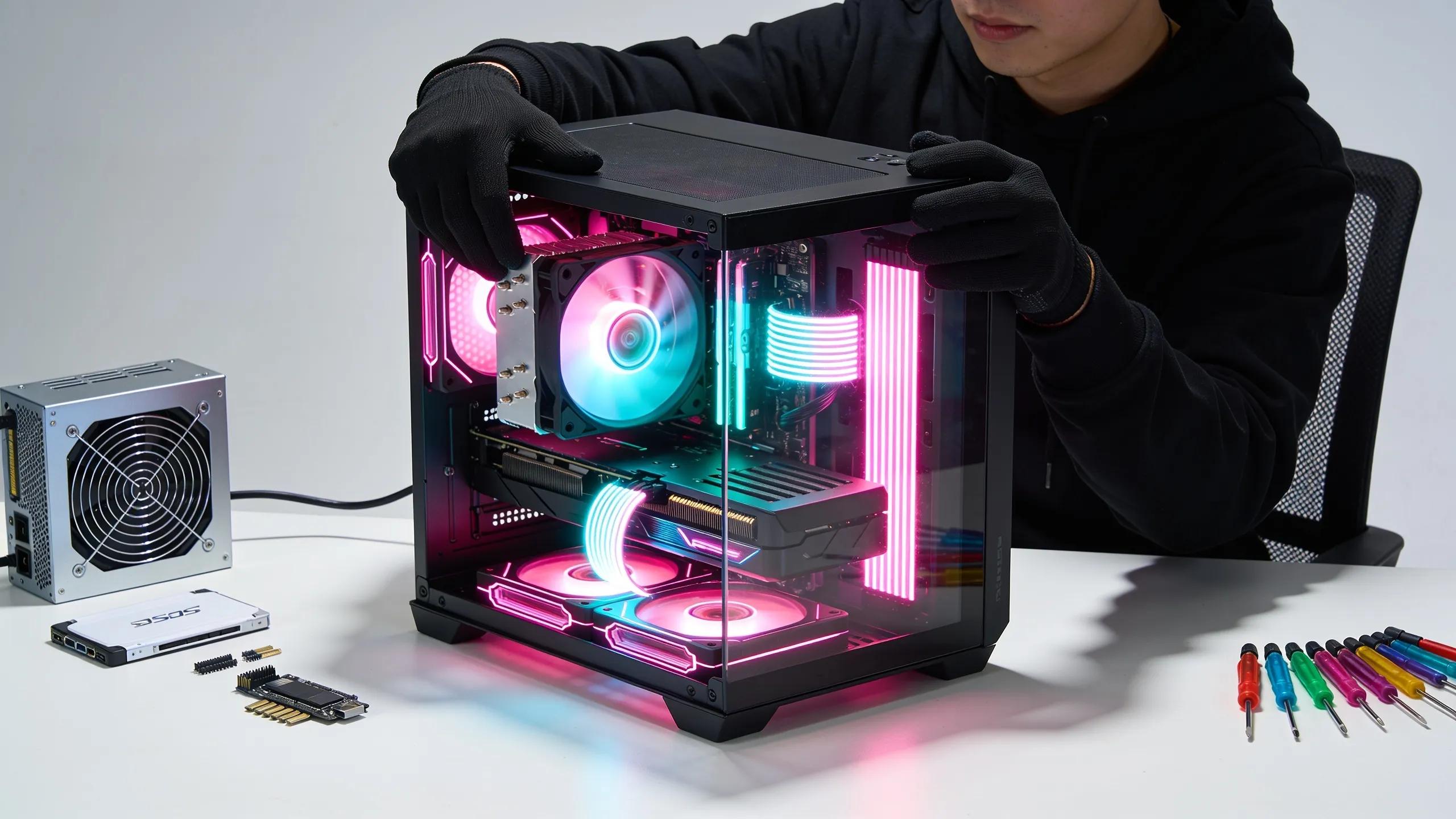 Person assembling a modern gaming PC with vibrant components