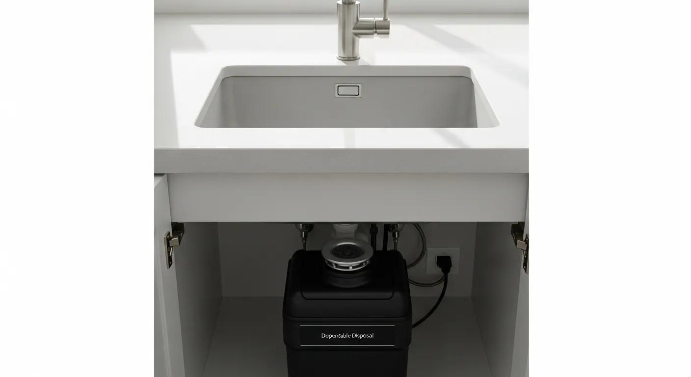 Clean modern kitchen sink showing a garbage disposal beneath — ready for dependable service