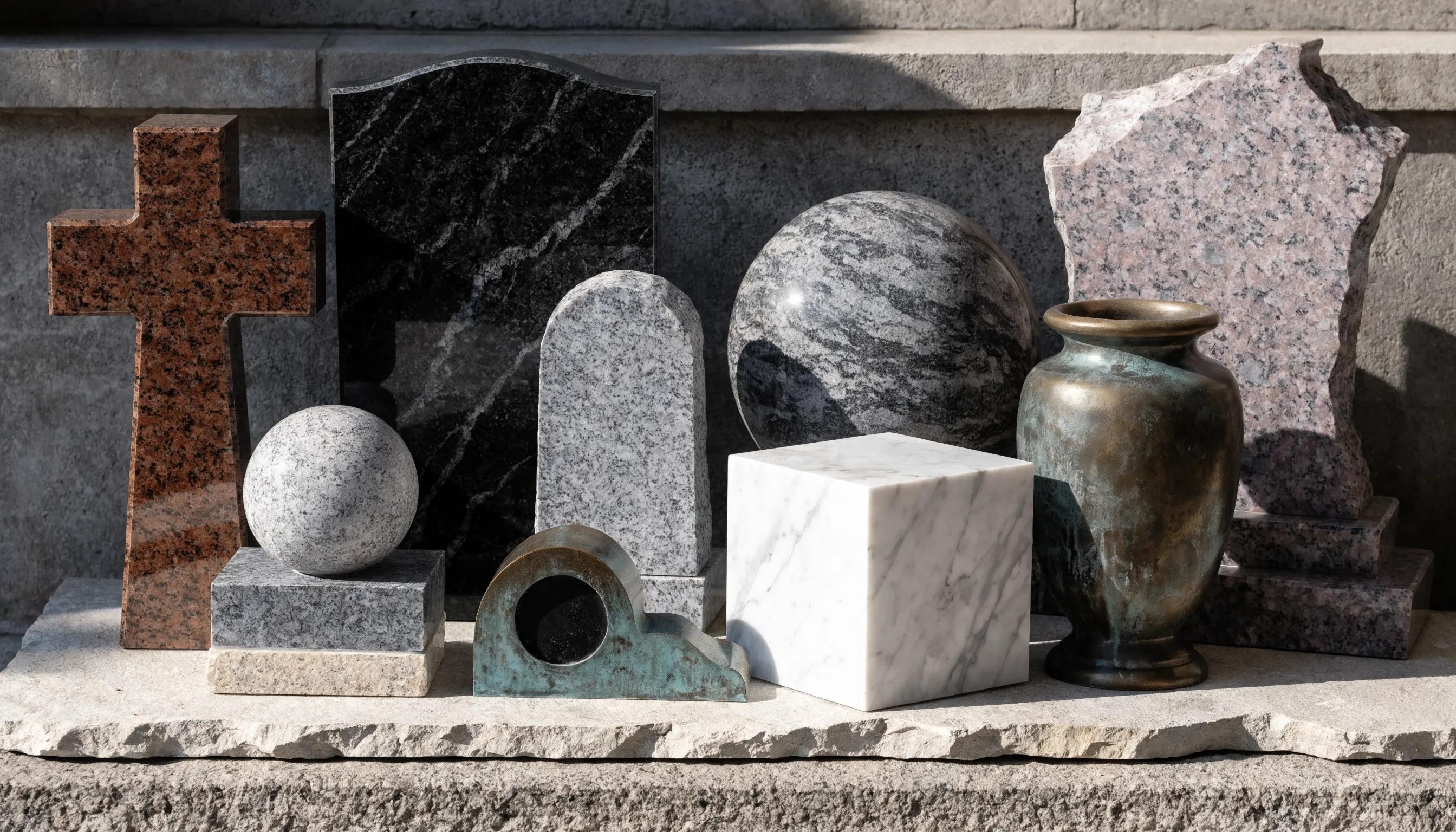 Discover Custom Grave Markers for Lasting Tributes 3 Comparison of granite, bronze, and marble materials for grave markers, highlighting their textures and colors