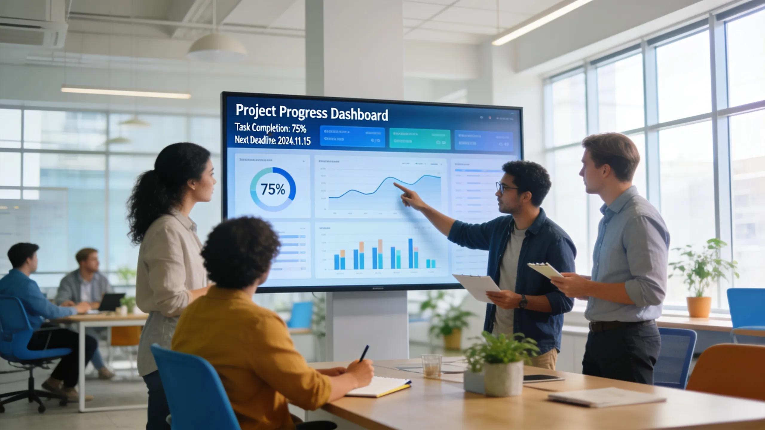 Employees engaging with digital signage, showcasing real-time updates in a collaborative office setting