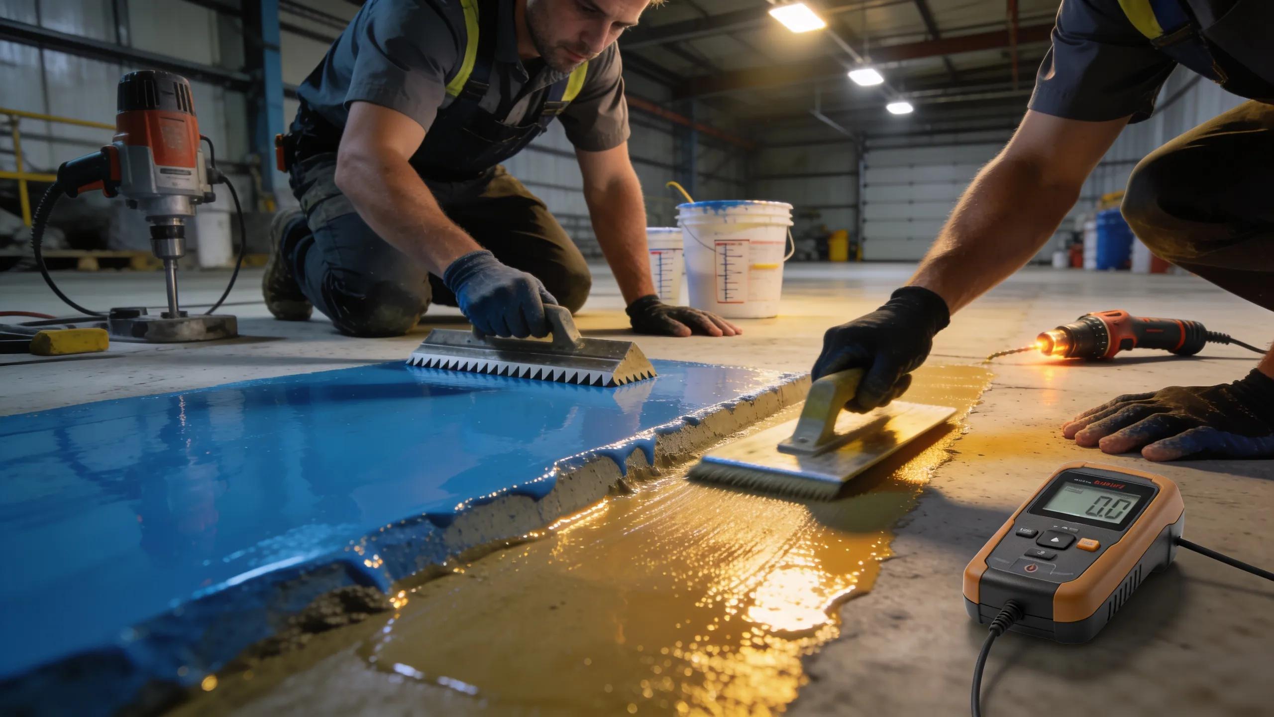 Professionals installing resinous epoxy flooring showcasing the meticulous process and effort involved in achieving durability