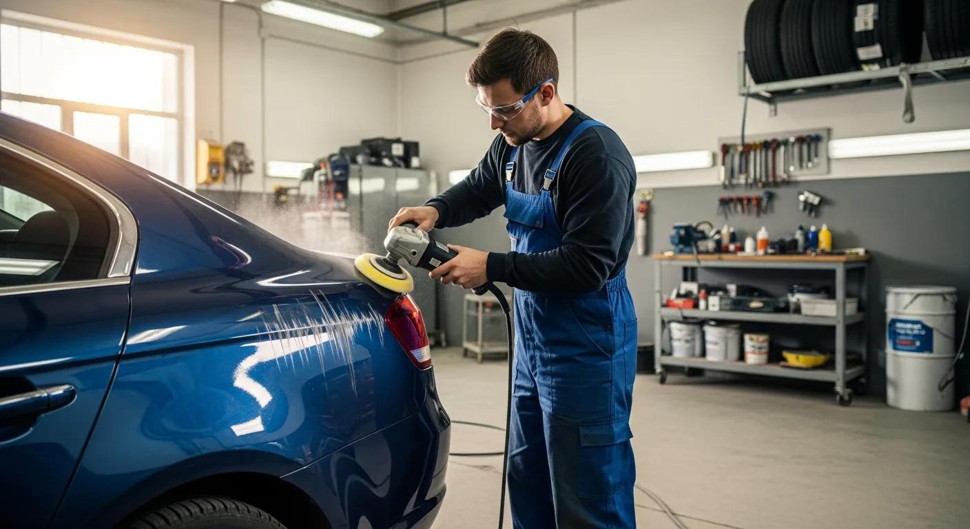 Car scratch repair process with a technician buffing a scratched vehicle in a garage
