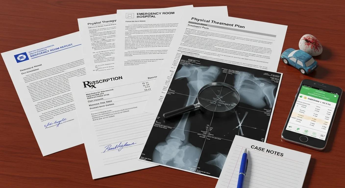 Essential medical documentation for rideshare injury claims on a table