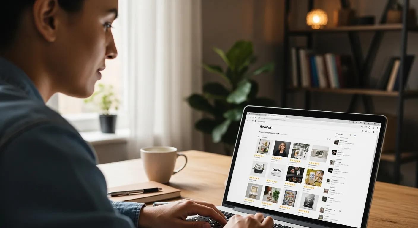 Someone reading product reviews on a laptop at home to make an informed choice