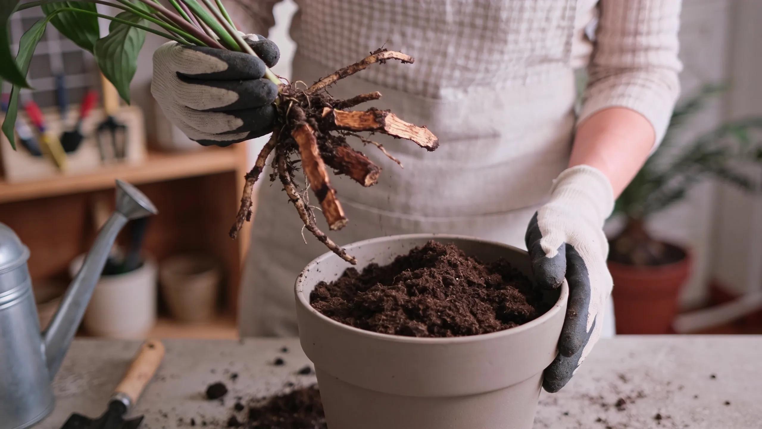 Person repotting a houseplant, showing proper care techniques to address root rot issues