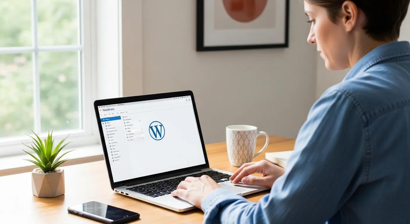 User navigating the WordPress dashboard on a laptop in a modern workspace