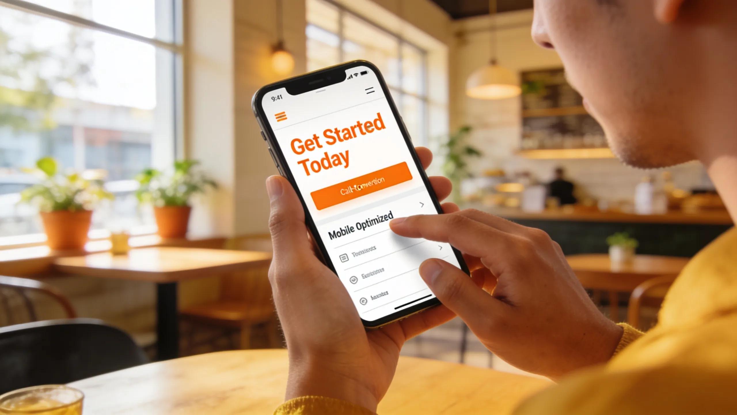 User engaging with a mobile-friendly website in a bright cafe, focusing on lead conversion
