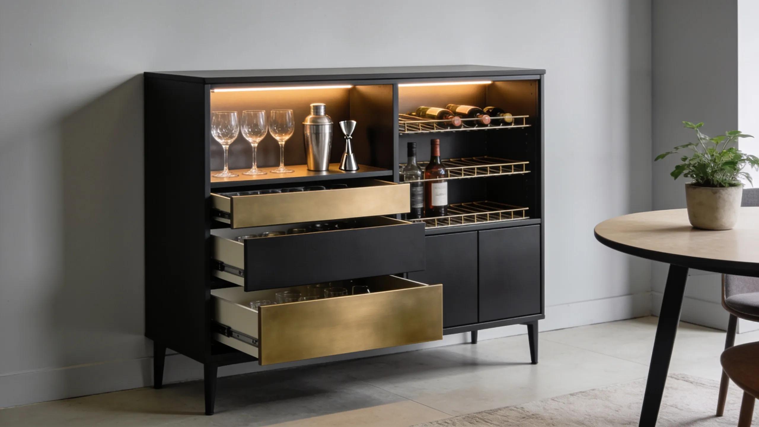 Compact home bar unit designed for small spaces, emphasizing its multifunctionality and storage solutions