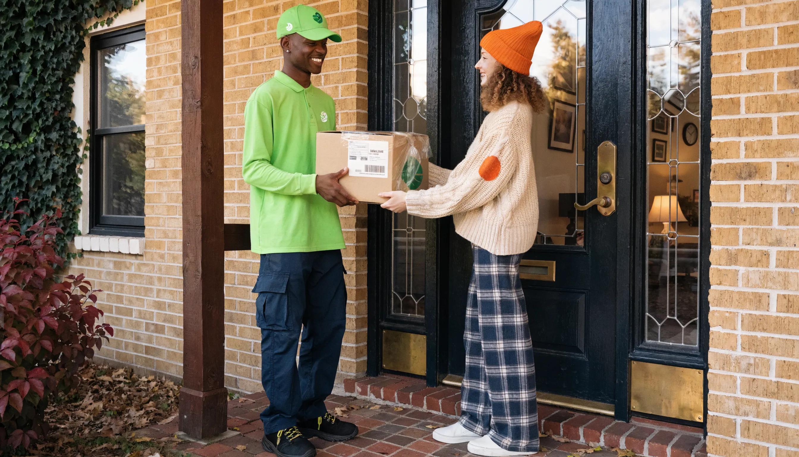 Delivery person handing an Adorearth package to a happy customer at their home