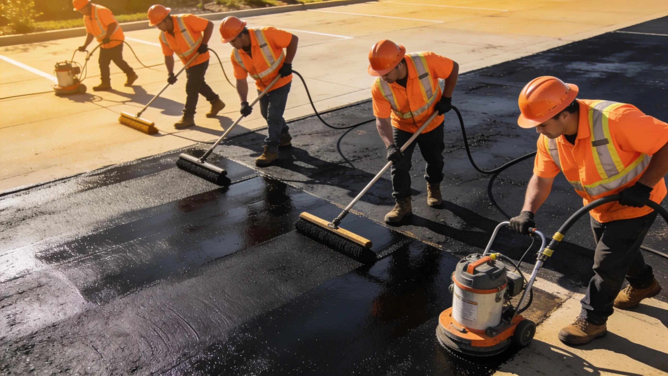 Team performing sealcoating on a commercial asphalt driveway