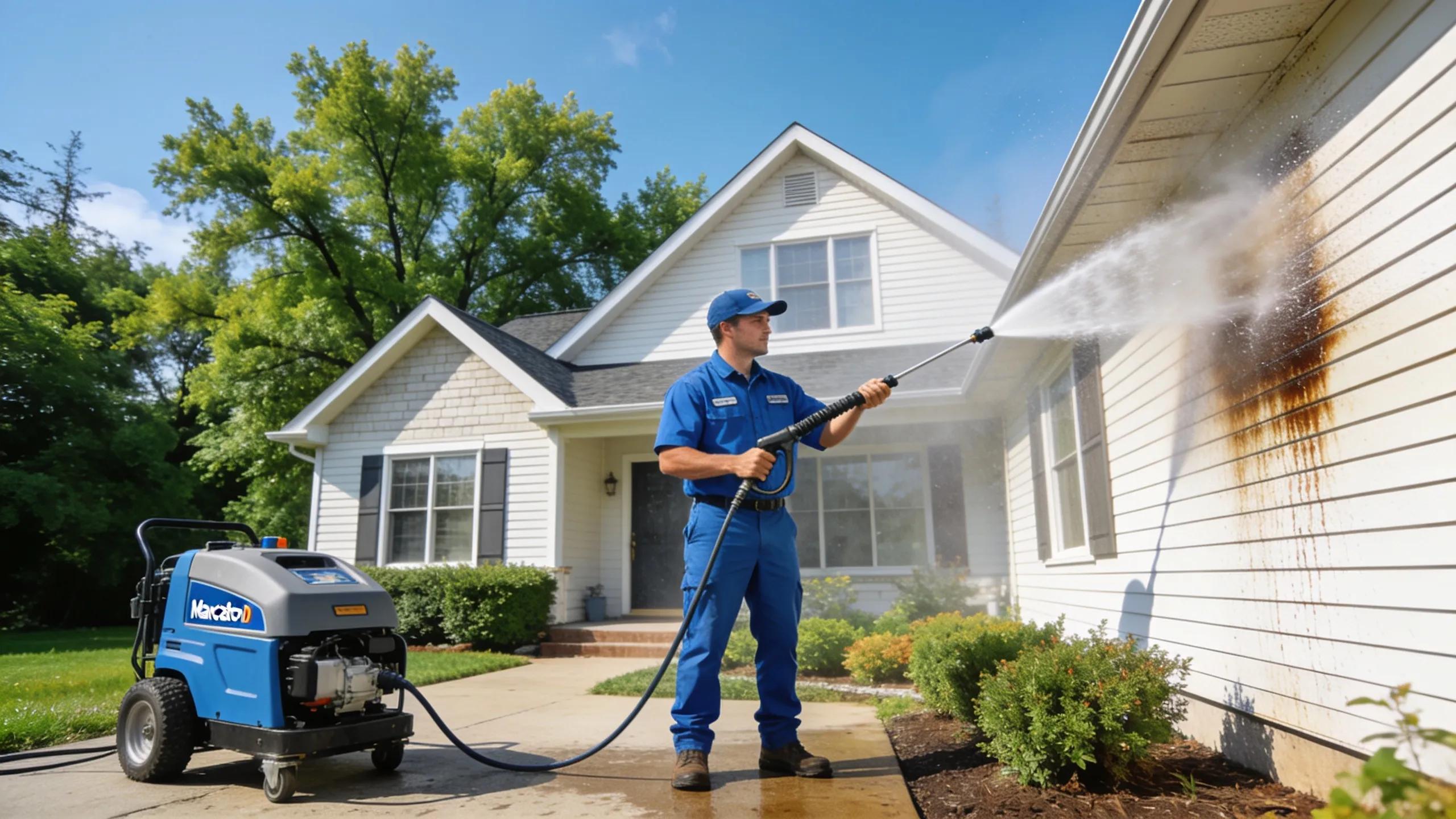 Professional technician performing soft wash cleaning on a home exterior in Mankato, MN