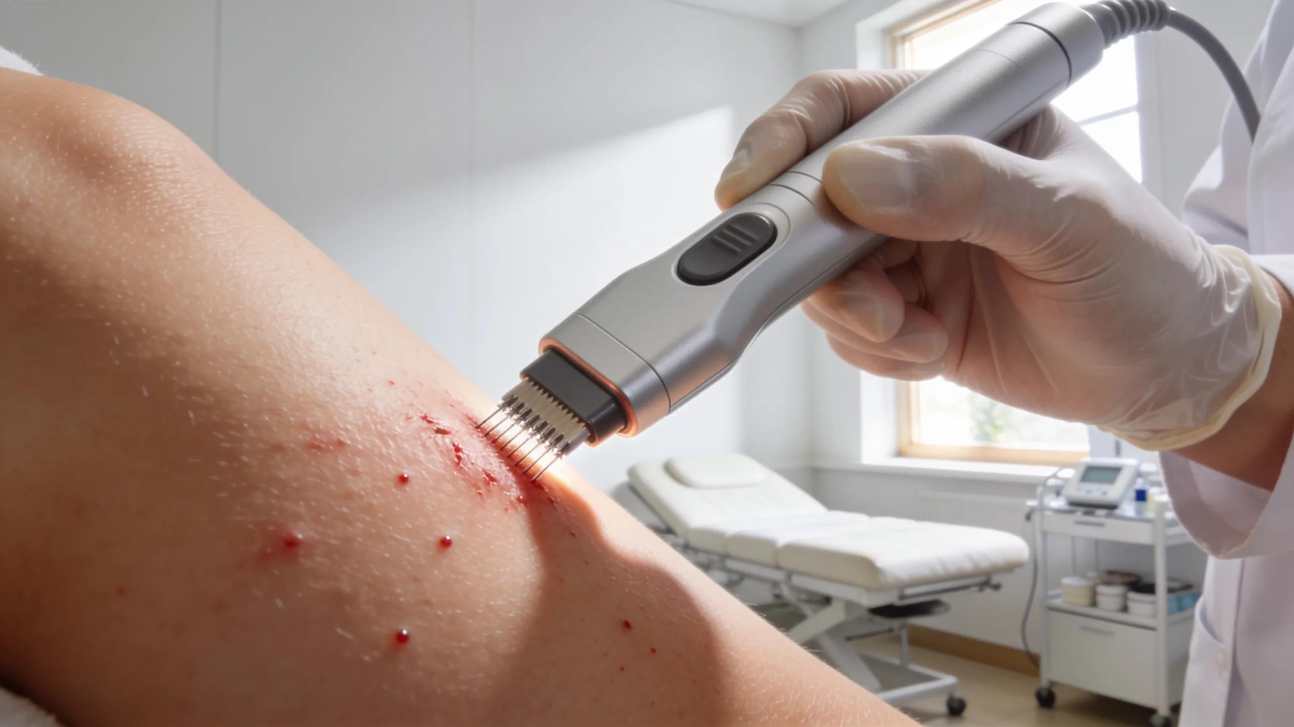 Dermatologist performing microneedling on a patient's skin to improve acne scars