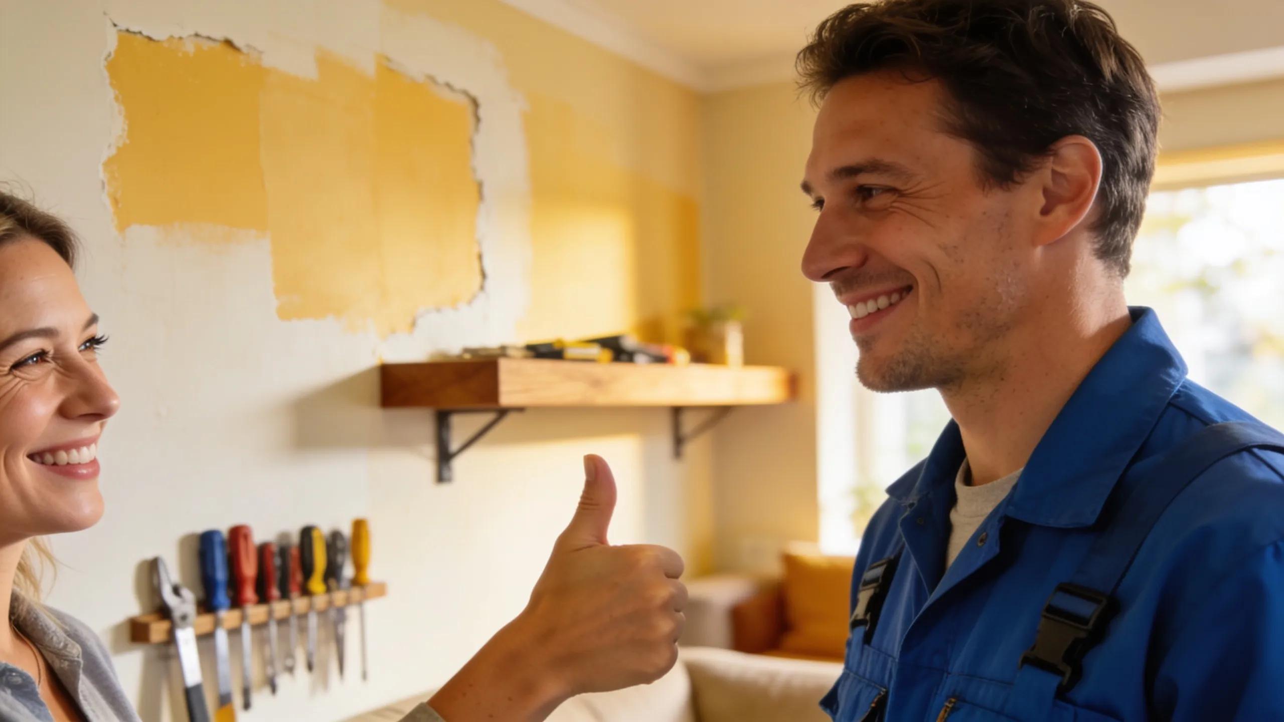 Happy customer giving thumbs-up with handyman after successful home repair, showcasing great service experience.
