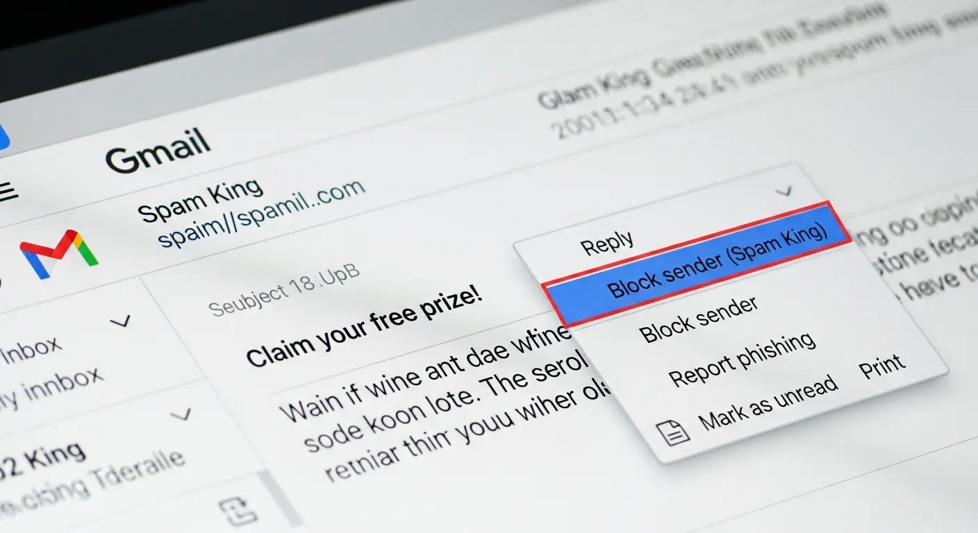 Close-up of the Gmail interface showing the block sender option in a message menu