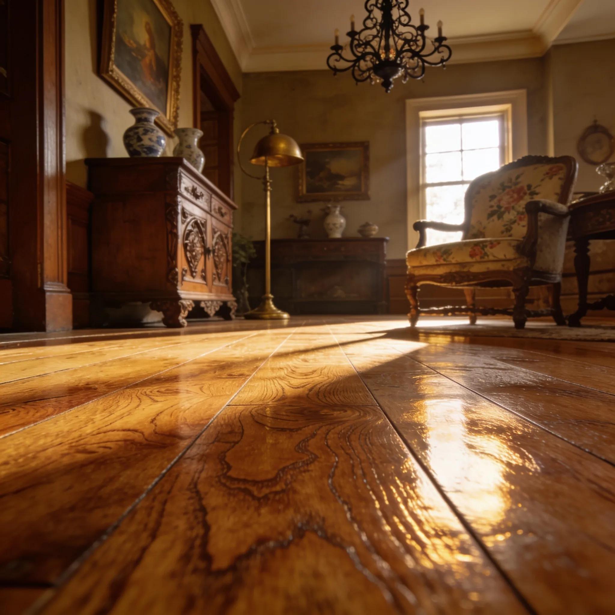 Vintage home interior showcasing antique hardwood floors with deep, hand-aged grain