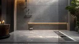 Modern linear shower drain in a stylish bathroom setting, emphasizing design and functionality