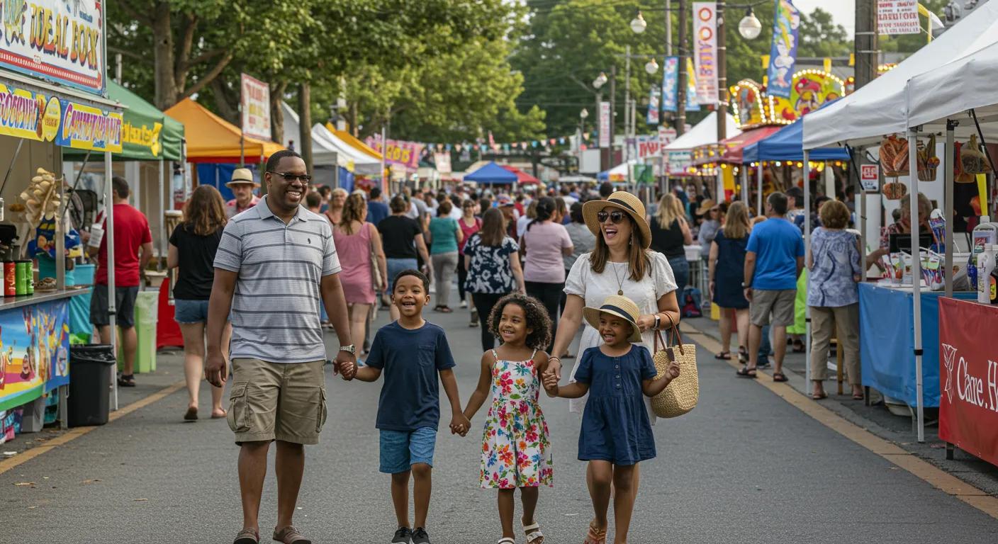 Family enjoying a vibrant weekend event in Southern New Jersey with activities and festival atmosphere
